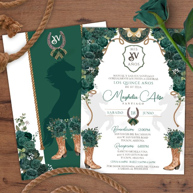 Emerald Green Floral Western Charro Quinceañera Einladung (Von Creator hochgeladen)