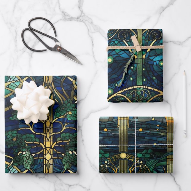 Emerald Green Forest Imitate verkleben Glasmuster Geschenkpapier Set (Vorderseite)