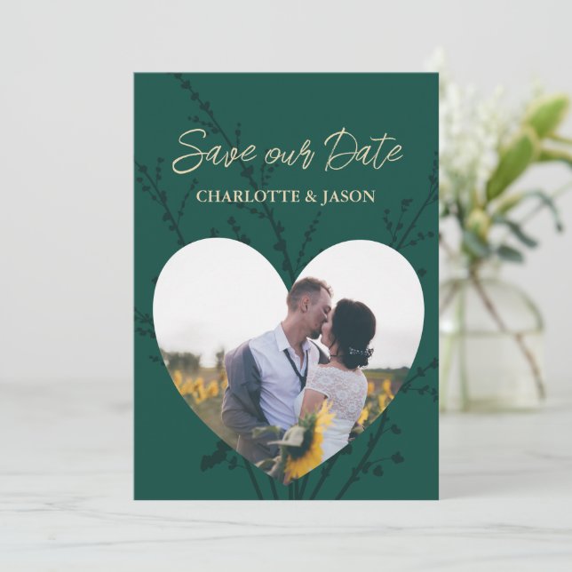 Emerald Green Foto Herzrahmen Save the Date Einladung (Stehend Vorderseite)