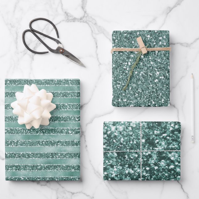 Emerald Green Glam Glitzer Streifen     Geschenkpapier Set (Vorderseite)
