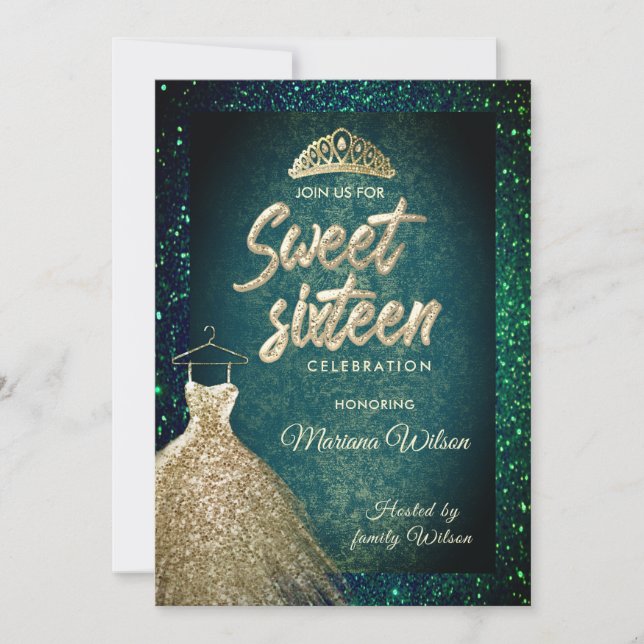 Emerald Green Glitzer Gold Kleid Tiara Sweet 16 Einladung (Vorderseite)