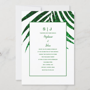 Emerald Green Glitzer Palm Leaf Tropical Wedding Einladung