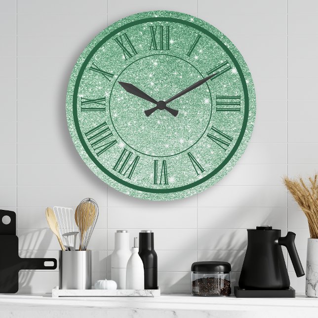 Emerald Green Glitzer Roman Numeral Sparkle Girly Große Wanduhr (Von Creator hochgeladen)