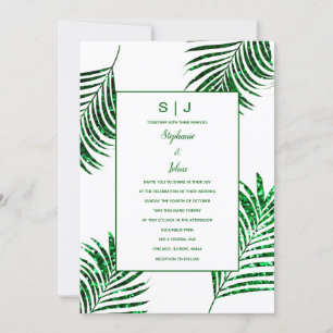 Emerald Green Glitzer Tropical Palm Leaf Wedding Einladung