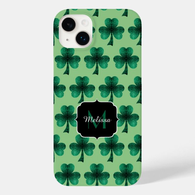 Emerald Green Glitzern Kleeblatt Custom Monogram Case-Mate iPhone 14 Plus Hülle (Rückseite)