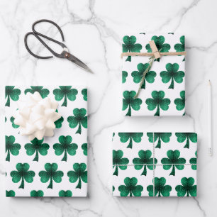 Emerald Green Glitzern Kleeblatt-Muster weiß Geschenkpapier Set