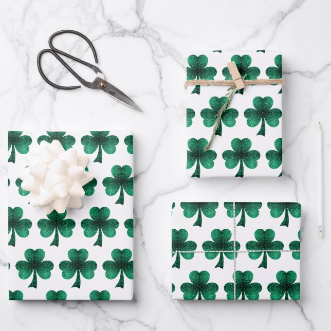 Emerald Green Glitzern Kleeblatt-Muster weiß Geschenkpapier Set (Vorderseite)