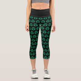 Emerald Green Glitzern Kleeblatt schwarz Capri Leggings