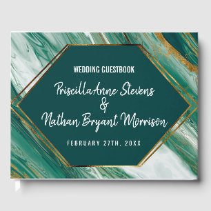 Emerald Green Gold Abstrakt Agate Marble Wedding Gästebuch
