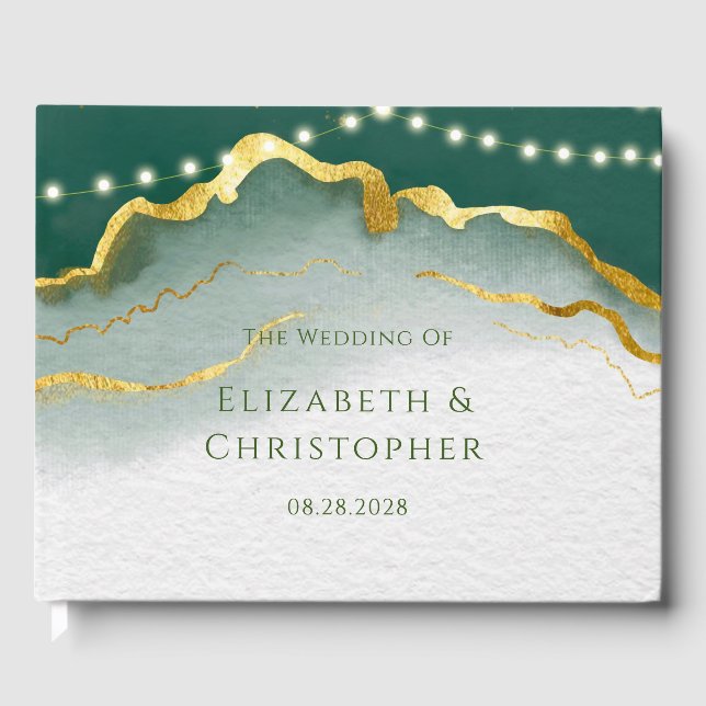 Emerald Green Gold Agate and Lights Wedding Gästebuch (Vorderseite)