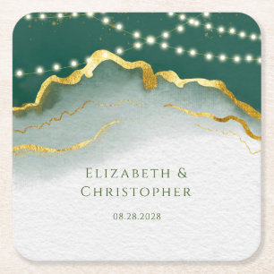 Emerald Green Gold Agate and Lights Wedding Rechteckiger Pappuntersetzer
