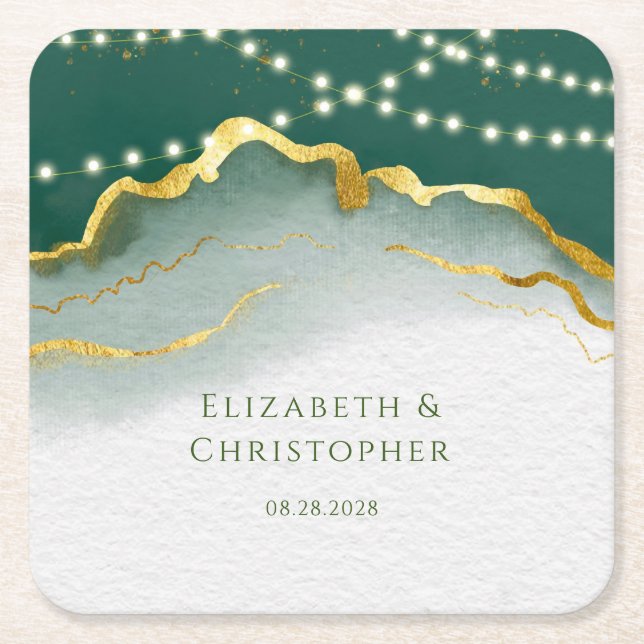Emerald Green Gold Agate and Lights Wedding Rechteckiger Pappuntersetzer (Vorderseite)