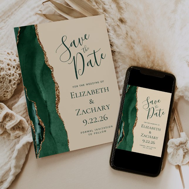 Emerald Green Gold Agate Champagne Save the Date (Von Creator hochgeladen)