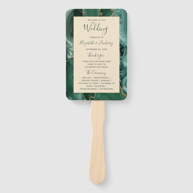 Emerald Green Gold Agate Champagne Wedding Program Fächer (Vorderseite)