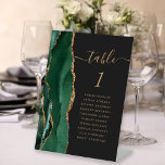 Emerald Green Gold Agate Dark Wedding Tischnummer Sockelschild<br><div class="desc">Der links Rand dieses eleganten modernen Hochzeitssockels mit Tischnummer besticht durch eine smaragdgrüne Aquarellgrenze,  die mit Imitaten mit goldenem Glitzer bestickt wurde. Das Wort "Tabelle" erscheint in einem farbigen goldfarbenen Skript auf einem schwarzen Hintergrund. Fügen Sie die Namen Ihrer Gäste hinzu,  die jeder Tabelle zugeordnet sind.</div>