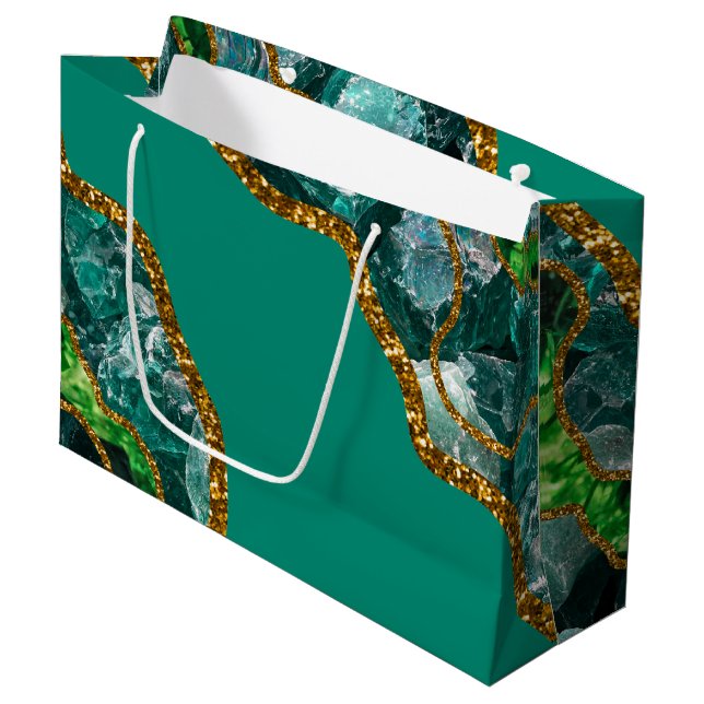 Emerald Green & Gold Agate Geode Glitzer Große Geschenktüte (Vorderseite Schrägansicht)