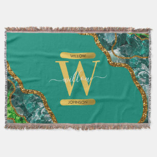 Emerald Green & Gold Agate Geode Glitzer Monogram Decke