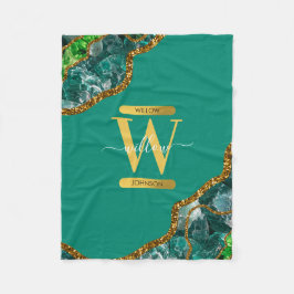 Emerald Green & Gold Agate Geode Glitzer Monogram Fleecedecke