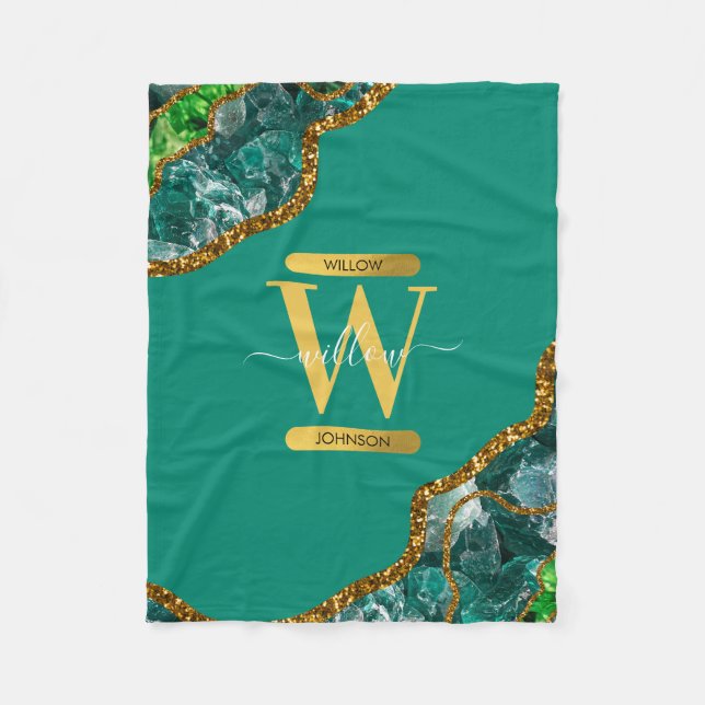 Emerald Green & Gold Agate Geode Glitzer Monogram Fleecedecke (Vorderseite)