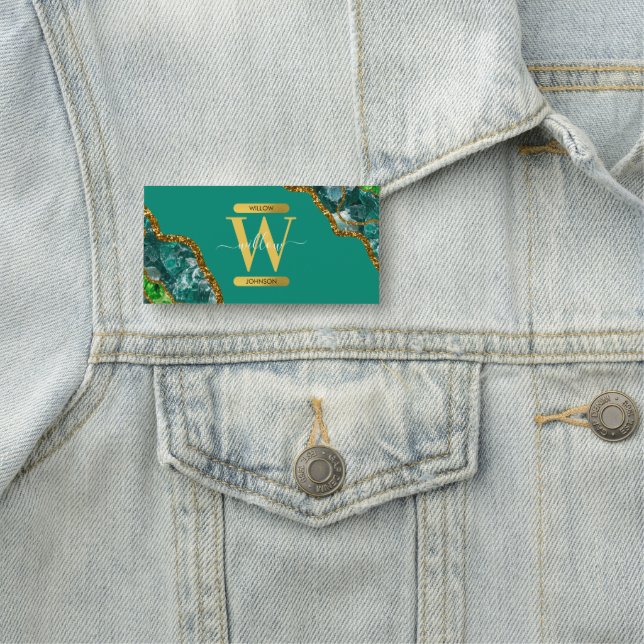 Emerald Green & Gold Agate Geode Glitzer Monogram Namensschild (Beispiel)