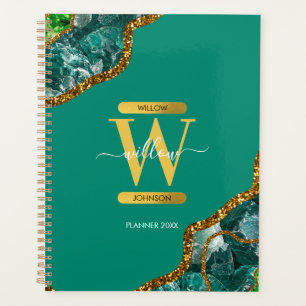 Emerald Green & Gold Agate Geode Glitzer Monogram Planer