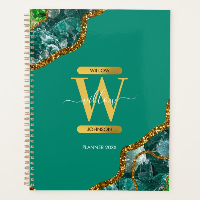 Emerald Green & Gold Agate Geode Glitzer Monogram Planer (Vorderseite)