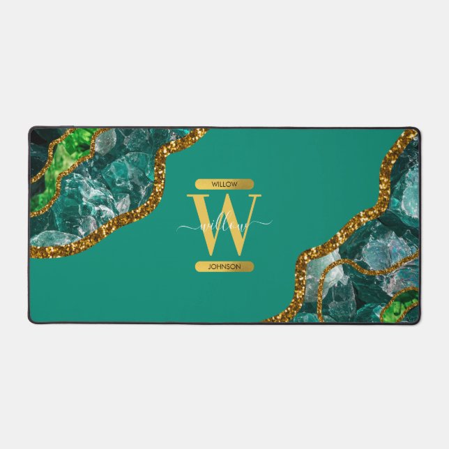 Emerald Green & Gold Agate Geode Glitzer Monogram Schreibtischunterlage (Vorderseite)