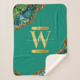 Emerald Green & Gold Agate Geode Glitzer Monogram Sherpadecke