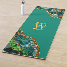 Emerald Green & Gold Agate Geode Glitzer Monogram Yogamatte