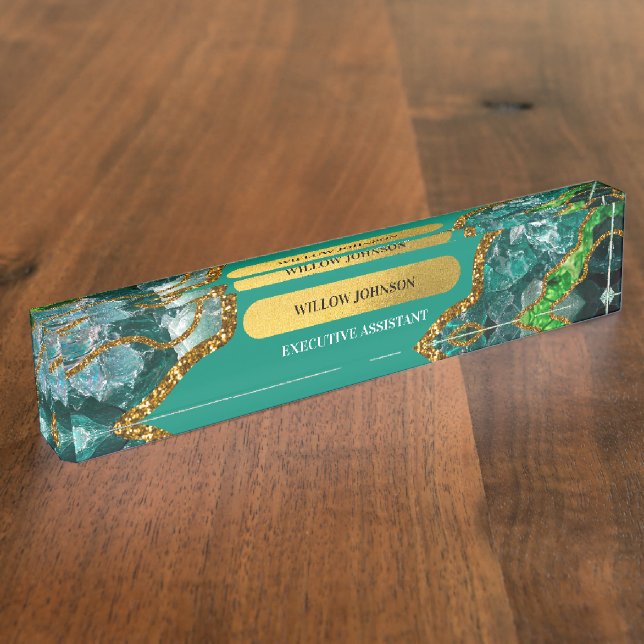 Emerald Green & Gold Agate Geode Glitzer Namensplakette (Seite)