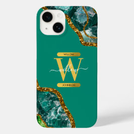 Emerald Green & Gold Agate Geode Monogram Case-Mate iPhone 14 Hülle