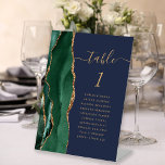 Emerald Green Gold Agate Navy Hochzeitssemble-Tisc Sockelschild<br><div class="desc">Der links Rand dieses eleganten modernen Hochzeitssockels mit Tischnummer besticht durch eine smaragdgrüne Aquarellgrenze,  die mit Imitaten mit goldenem Glitzer bestickt wurde. Das Wort "Tabelle" erscheint in einem farbigen goldfarbenen Skript auf marineblarem Hintergrund. Fügen Sie die Namen Ihrer Gäste hinzu,  die jeder Tabelle zugeordnet sind.</div>