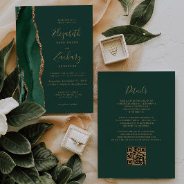 Emerald Green Gold Agate QR Code Wedding Einladung