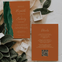 Emerald Green Gold Agate Rust QR Code Wedding Einladung