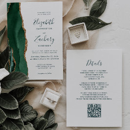 Emerald Green Gold Agate Script QR Code Hochzeit Einladung