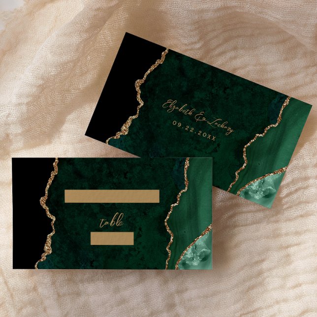Emerald Green Gold Agate Script Wedding Table Platzkarte (Von Creator hochgeladen)