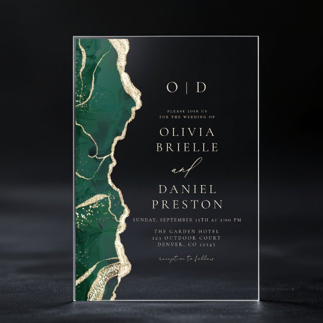 Emerald Green Gold Agate Wedding Monogram Acryleinladungen (Von Creator hochgeladen)