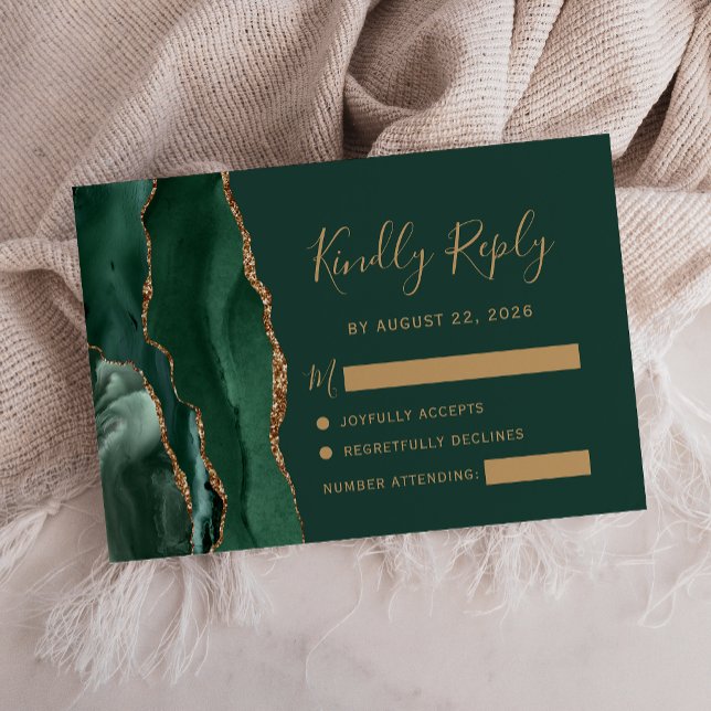 Emerald Green Gold Agate Wedding RSVP Karte (Von Creator hochgeladen)