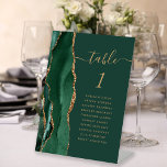 Emerald Green Gold Agate Wedding Tischnummer Sockelschild<br><div class="desc">Der links Rand dieses eleganten modernen Hochzeitssockels mit Tischnummer besticht durch eine smaragdgrüne Aquarellgrenze,  die mit Imitaten mit goldenem Glitzer bestickt wurde. Das Wort "Tabelle" erscheint in einem farbigen goldfarbenen Skript auf grünem Hintergrund. Fügen Sie die Namen Ihrer Gäste hinzu,  die jeder Tabelle zugeordnet sind.</div>