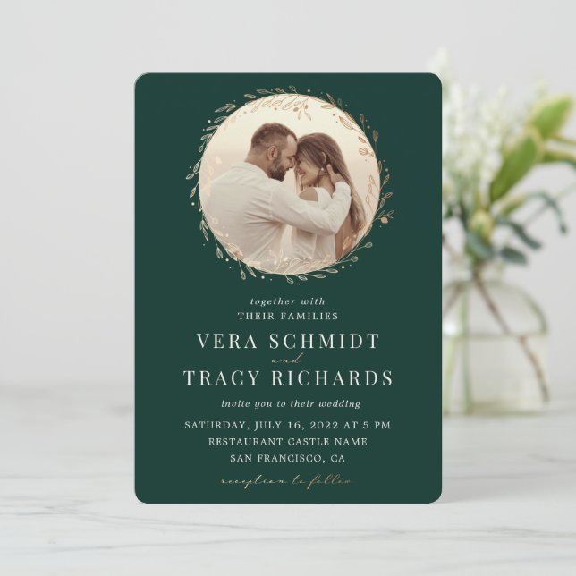 Emerald Green Gold All in one Foto UAwg Wedding Einladung (Stehend Vorderseite)