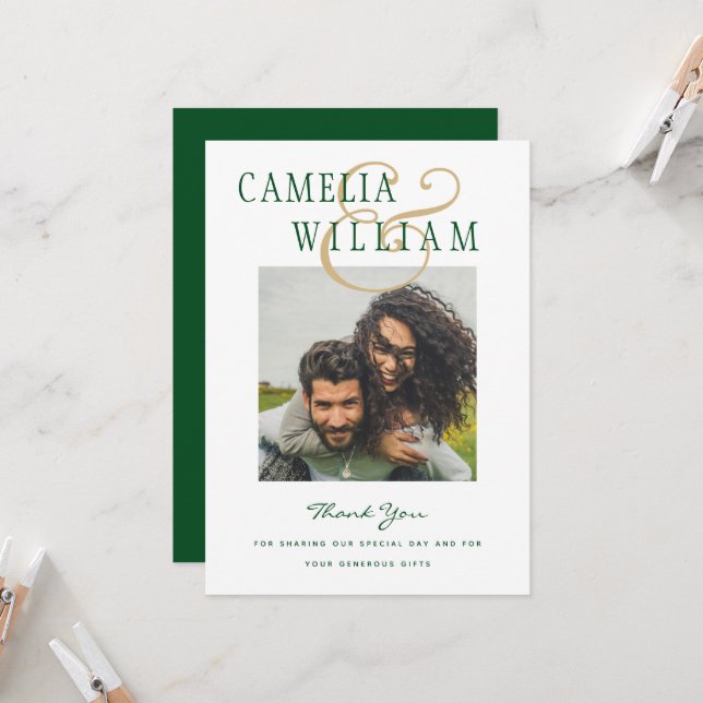 Emerald Green Gold Ampersand Wedding FOTO Einladung (Vorderseite/Rückseite Beispiel)