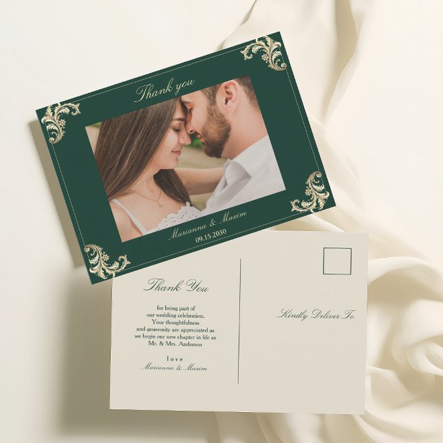 Emerald Green Gold Baroque Wedding Vielen Dank Postkarte (Von Creator hochgeladen)