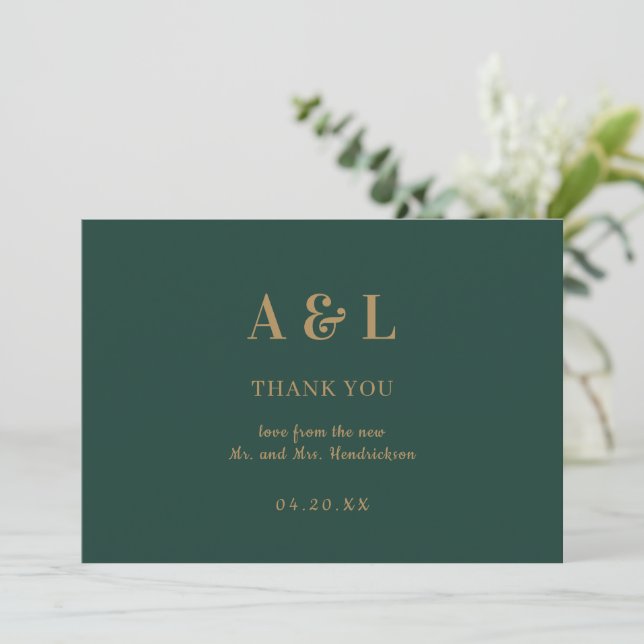 Emerald Green Gold beim Hochzeitstich für Minimali Dankeskarte (Stehend Vorderseite)
