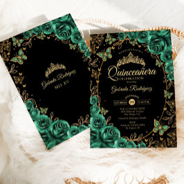 Emerald Green Gold Black Quinceanera Einladung