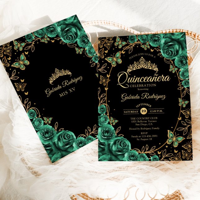 Emerald Green Gold Black Quinceanera Einladung (Von Creator hochgeladen)