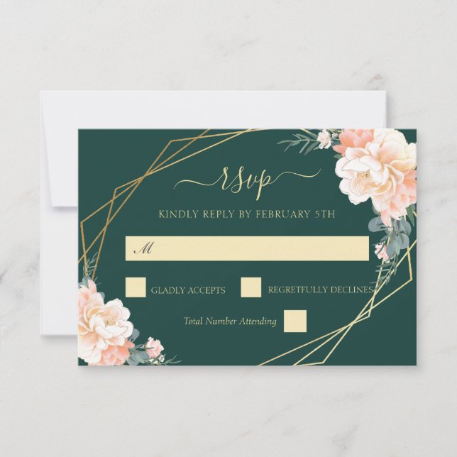 Emerald Green Gold Blush Peach Floral Wedding RSVP (Vorderseite)