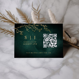 Emerald Green & Gold Botanical QR Code Wedding RSVP Karte
