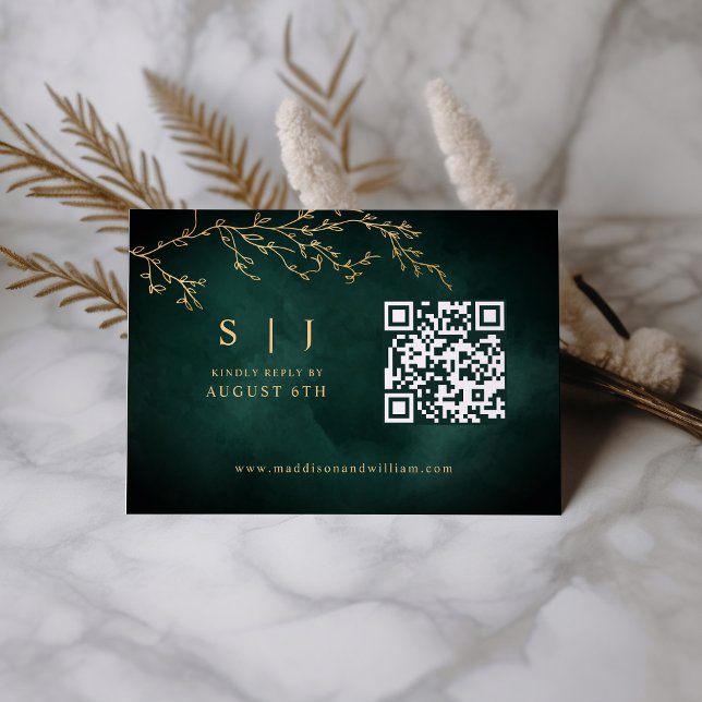 Emerald Green & Gold Botanical QR Code Wedding RSVP Karte (Von Creator hochgeladen)