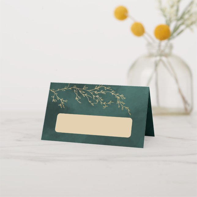 Emerald Green & Gold Botanische Hochzeit Platzkarte (Vorderseite)