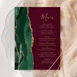 Emerald Green Gold Burgundy Red Wedding Menü Menükarte<br><div class="desc">Die links Kulisse dieses eleganten,  modernen Hochzeitsmenüs besticht durch einen smaragdgrünen Aquarellstreifen mit vergoldetem Imitat-Glitzer. Der anpassbare Text kombiniert goldfarbenes whimsical Handschriftzeichen mit Copperplate-Schriftart auf bordeauxrotem Hintergrund. Die Rückseite ist mit einem smaragdgrünen und goldgelben Dekor ausgestattet.</div>